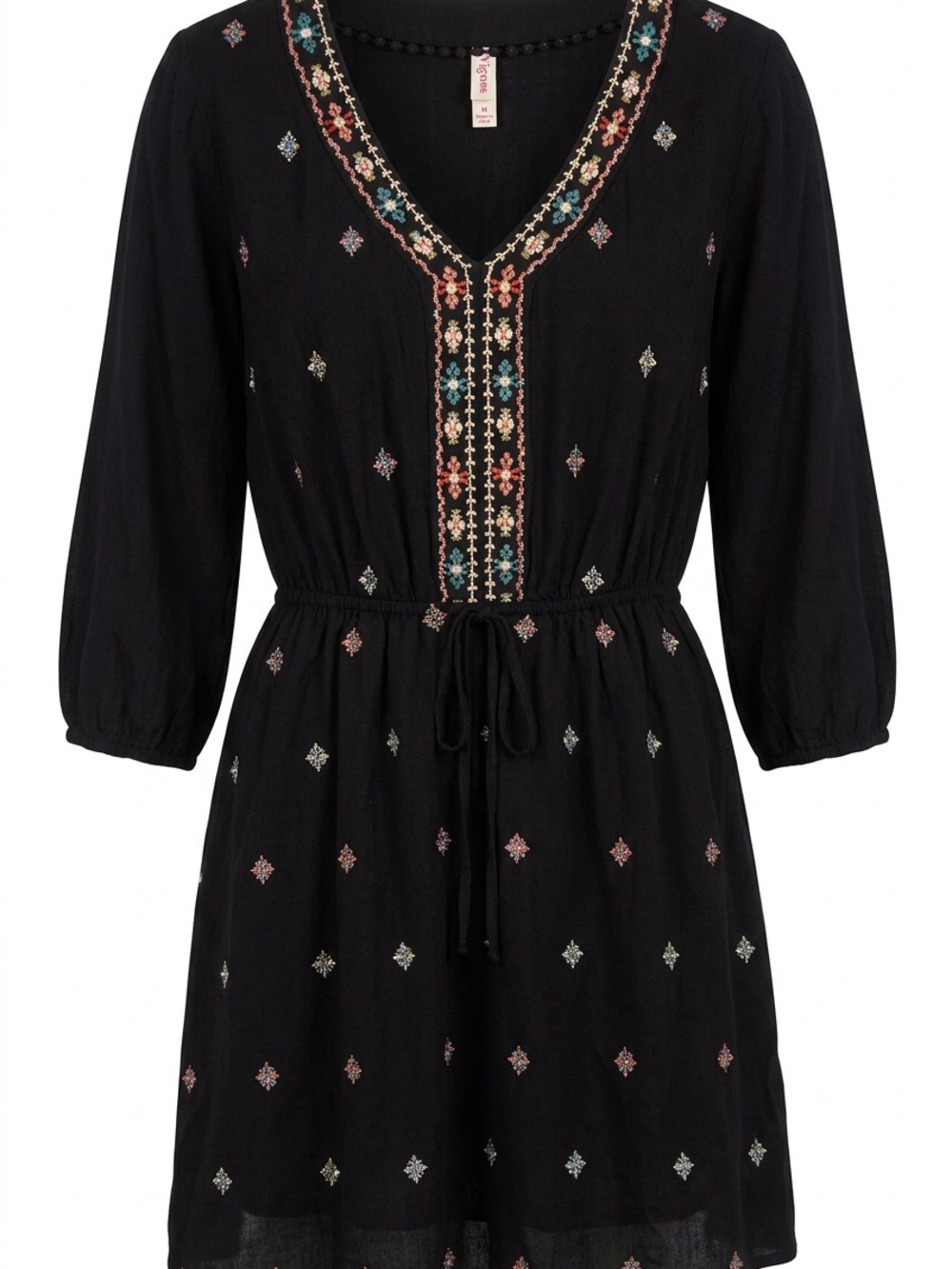 Xhilaration Black Casual Embroidered V-Neck Dress with Multicolor Accents